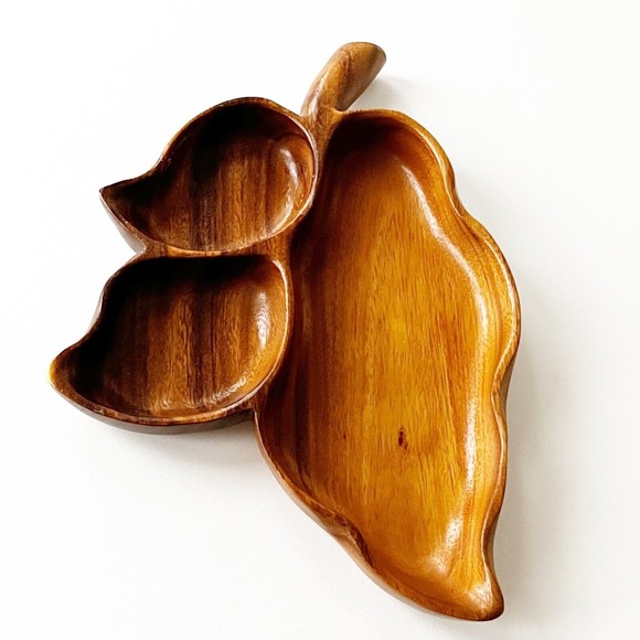 Leaf Carved Tray Monkey Pod Woods of Hawaii 3 Section Divided Serving Dish Vtg - Picture 2 of 10